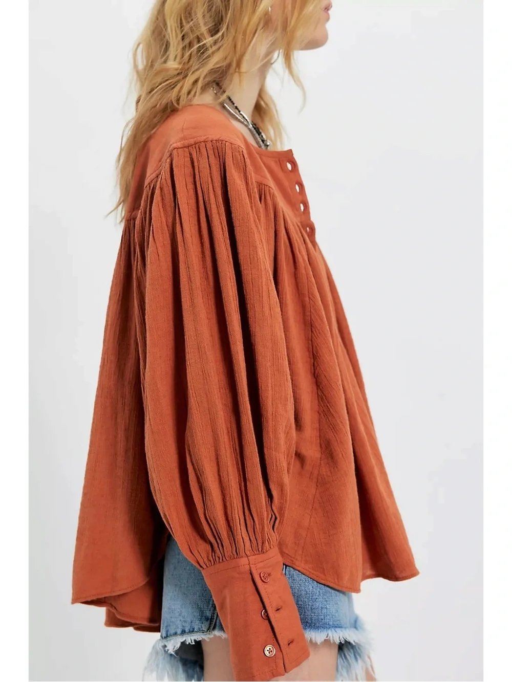 Free People Bohemian Billowy Malibu Crinkle Top Autumnal Fall Brown Size Large